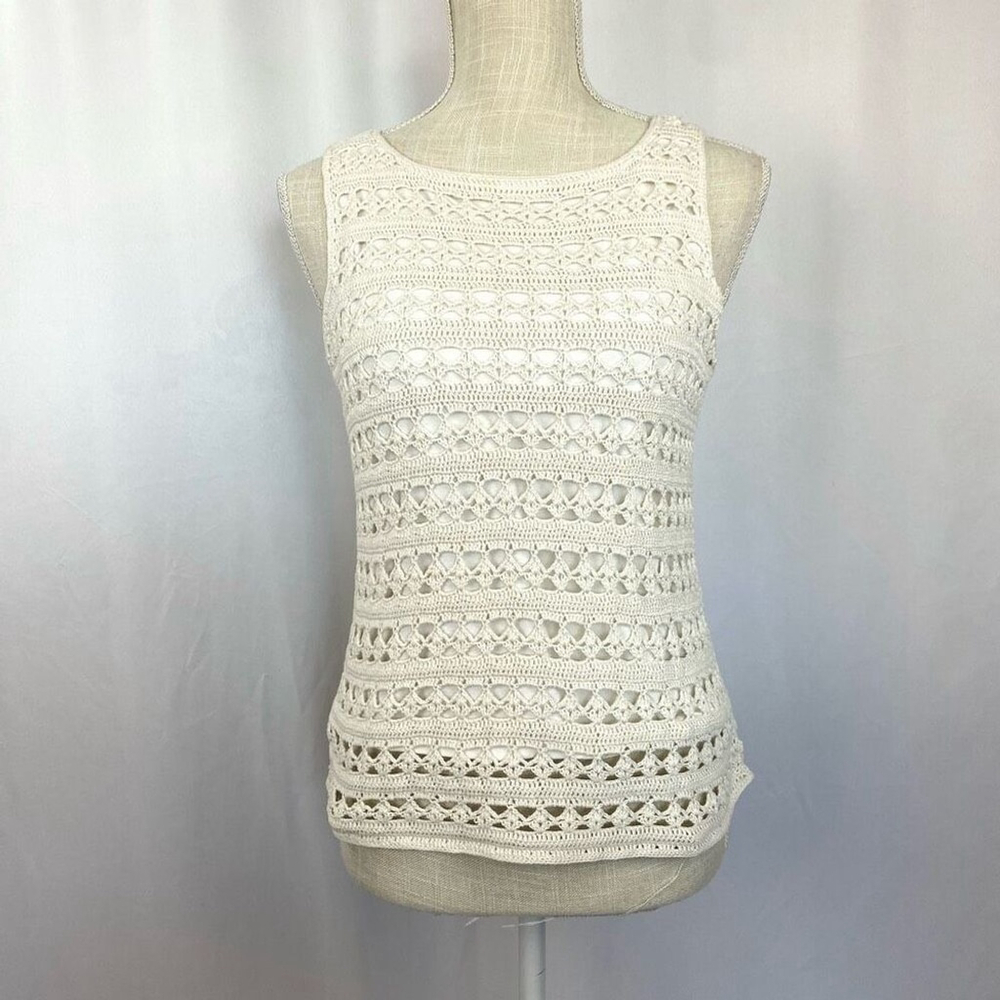VTG Y2K Crochet Top Tank Sleeveless Women’s L Creamy White Lined Charter Club